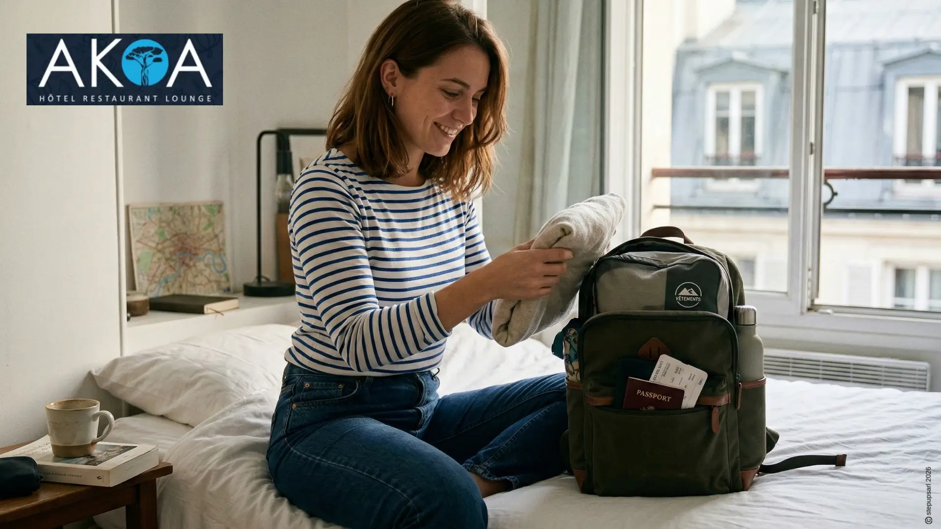 Une voyageuse assise sur un lit plie un vêtement pour l'insérer dans son sacde voyage léger, se préparant pour un séjour zen à l'Hôtel AKOA