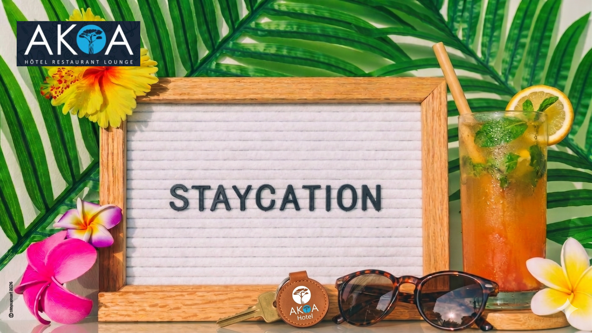 Panneau d'affichage avec l'inscription staycation entouré de fleurs tropicales et clés de chambre chez AKOA Ivandry.